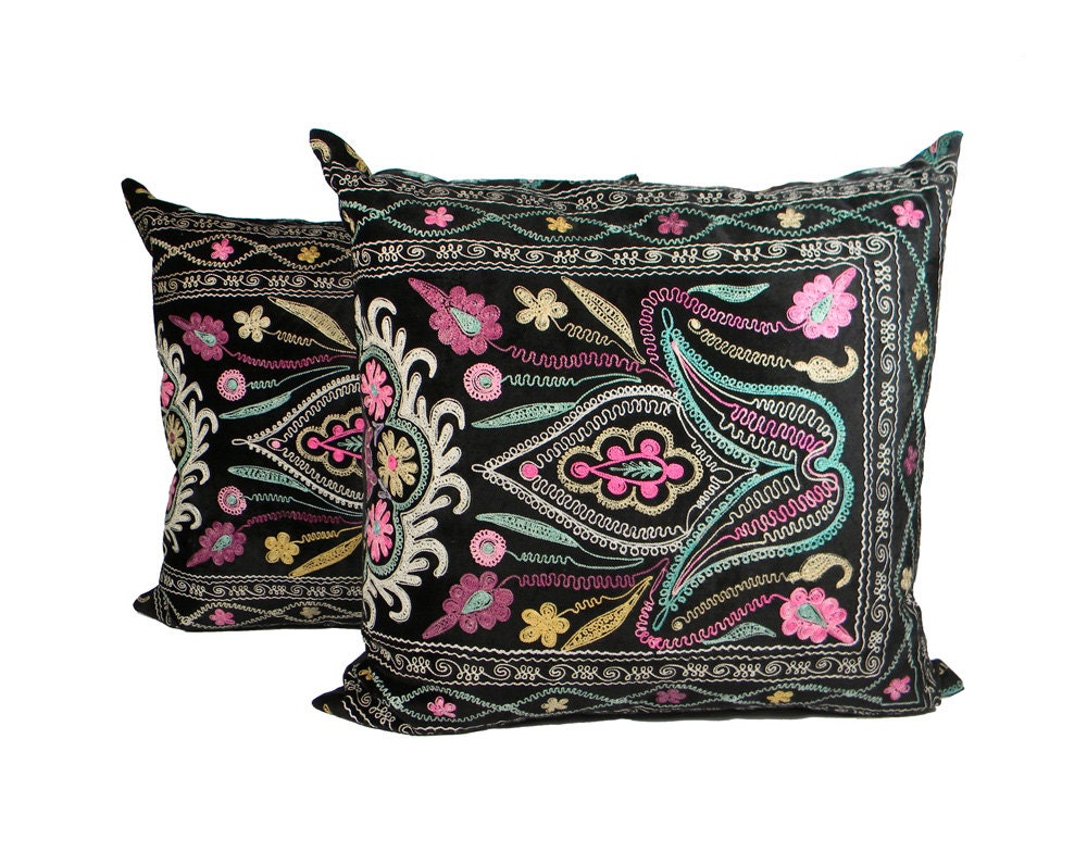 Vintage Suzani Euro Pillow Pair - Abstract Blooming Floral - 26 x 26
