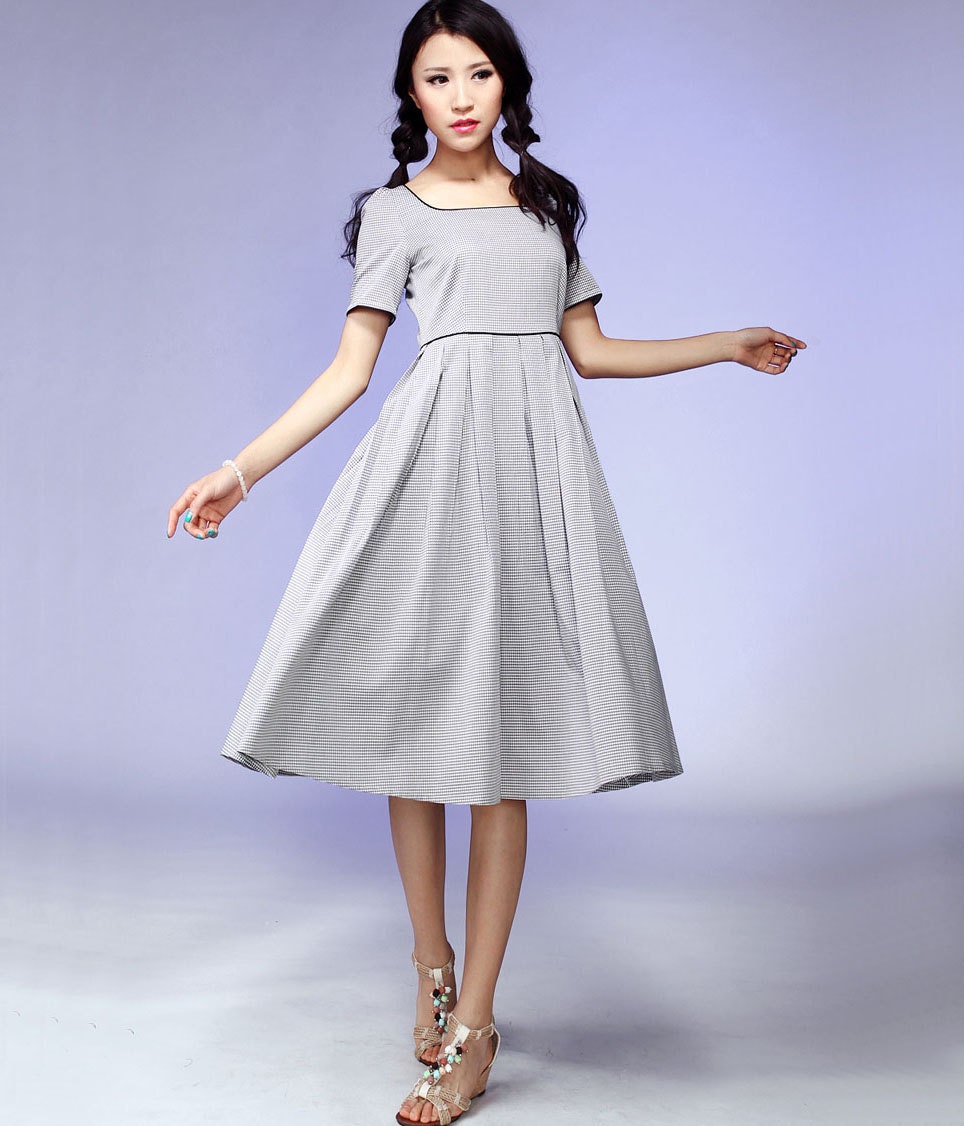 Grey dress Square Print cotton midi dress custom dress (529)