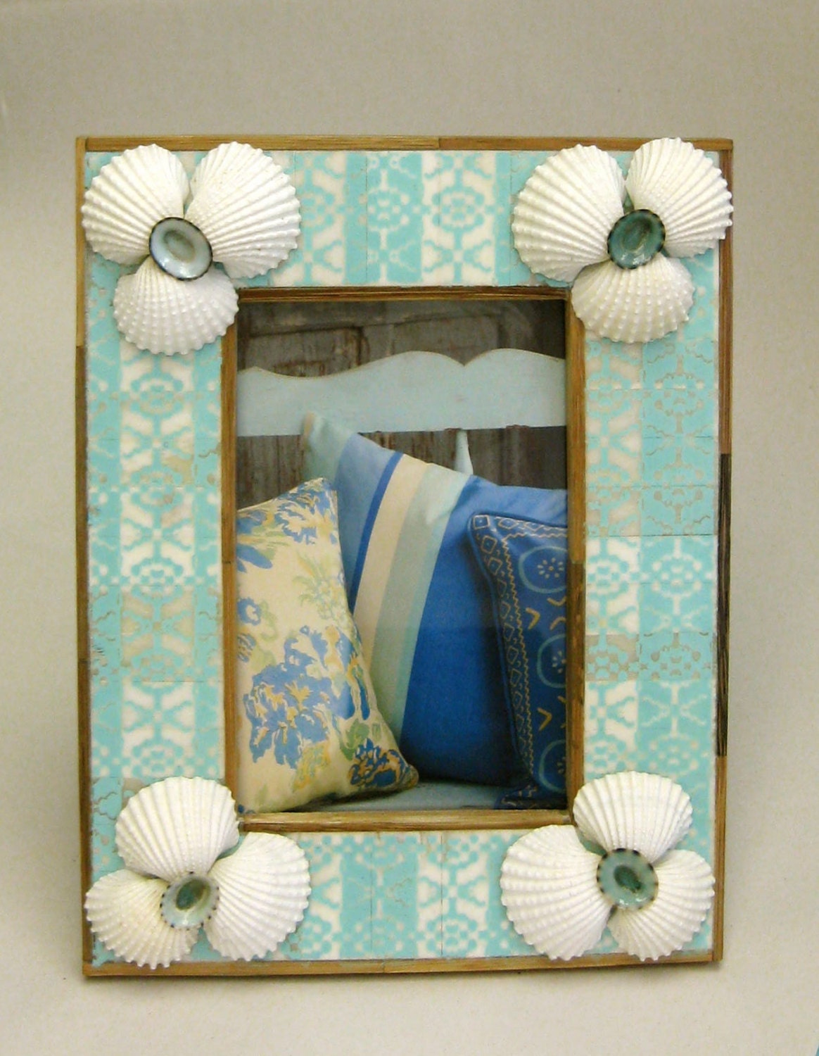 Beach Decor 4x6 Shell Picture Frame - Aqua Ikat