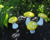 beautiful group of 5 sunny yellow  terrarium woodland wedding mushrooms planters fairy gardens