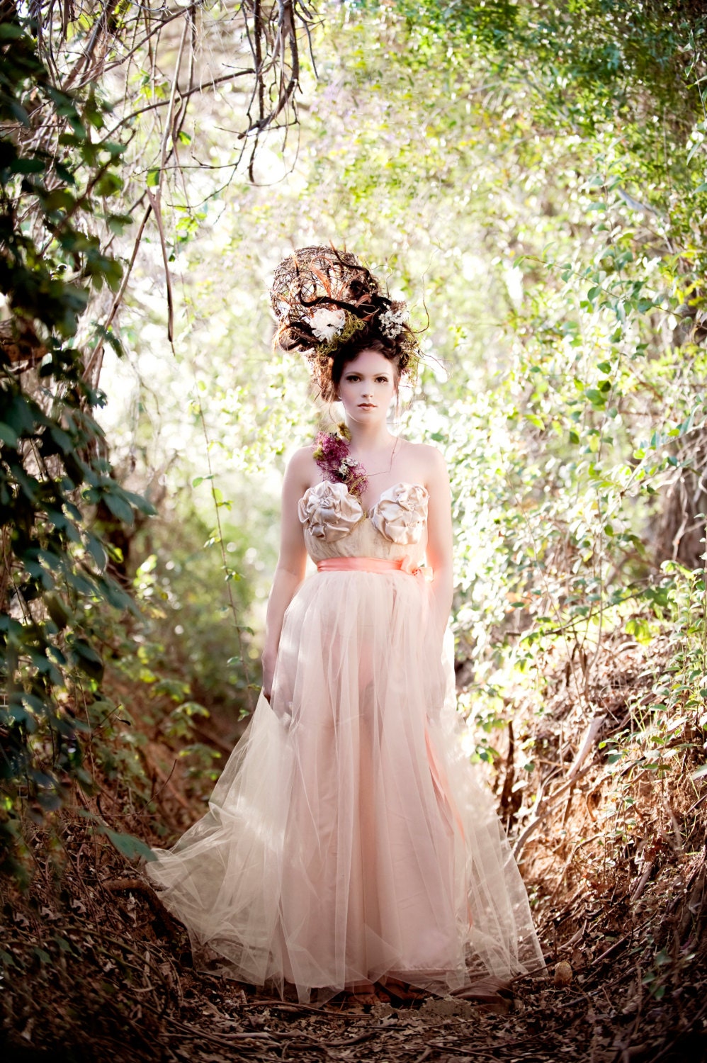The Peaches and Cream Dress Floor Length Tulle with Apricot Sash Custom Size