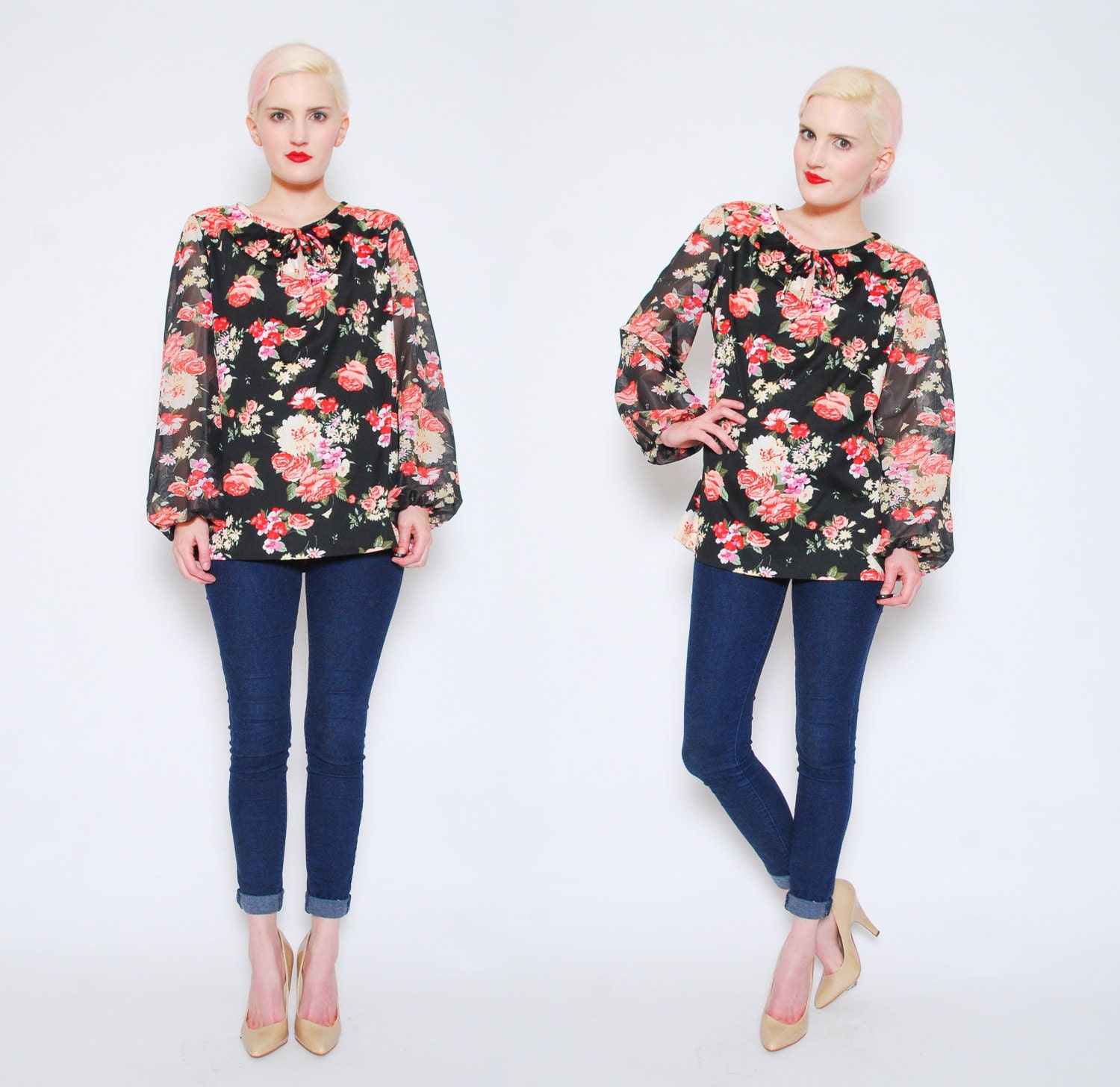 60s Floral Print Blouse - Sheer Poet Sleeve Top with Bow - 1960s Mod Tunic Top - XS S