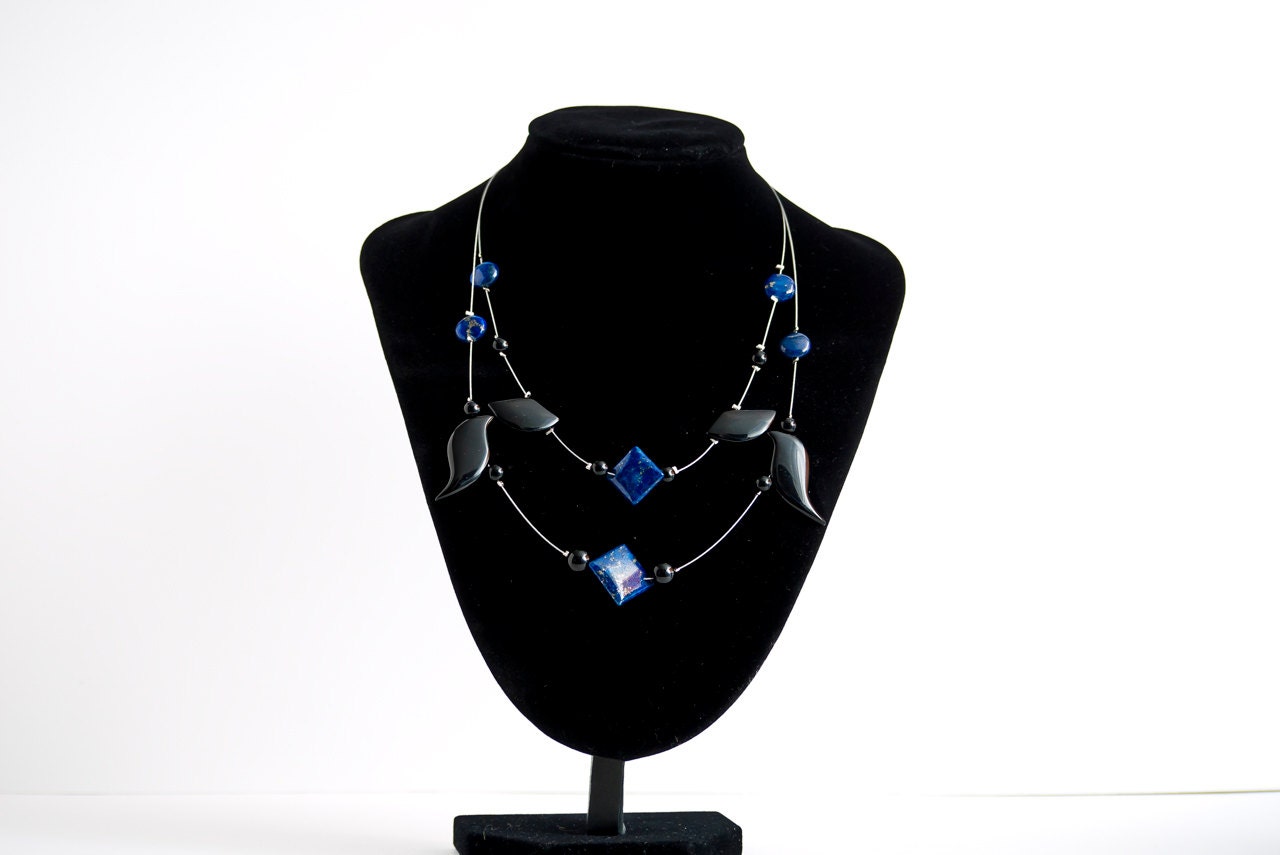 Lapis lazuli genuine and onyx necklace, semi-precious stone -OOAK