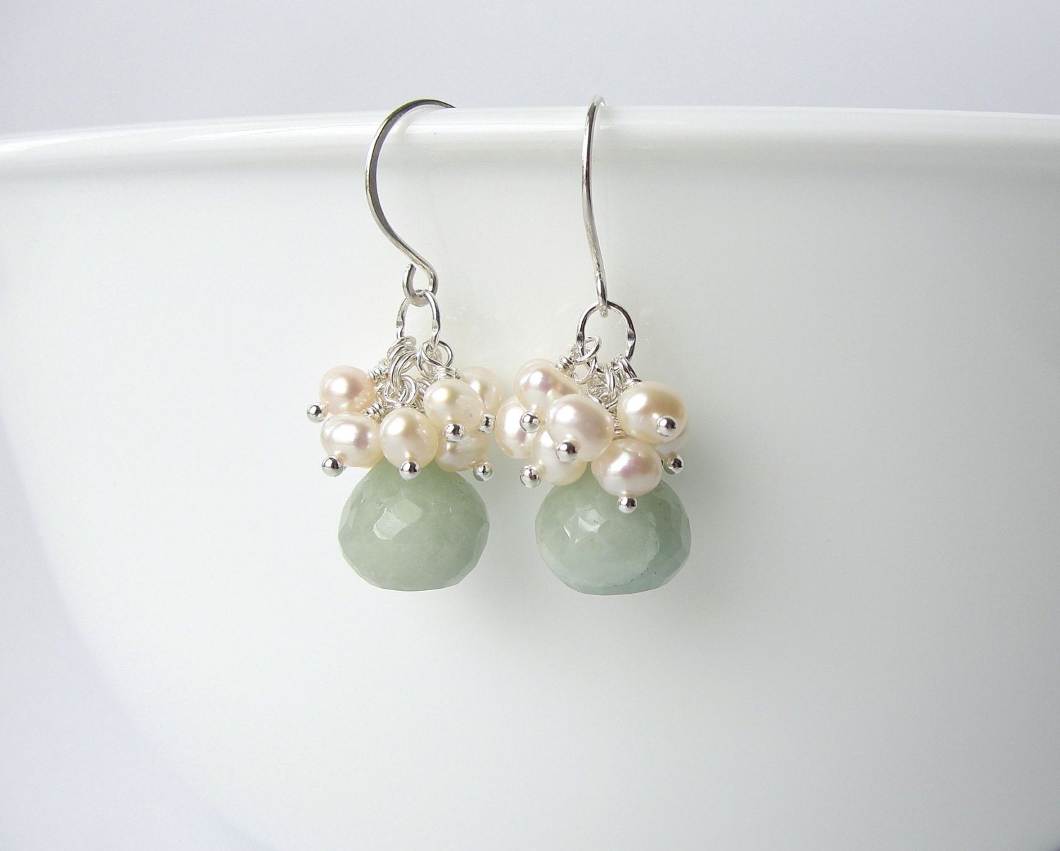 Aquamarine and Pearl Earrings for Brides in Sterling Silver, Cluster Earrings with Gemstones and Pearls, Wedding Jewelry