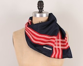 Vintage Givenchy Silk Scarf / Red Cream & Navy Blue 1970s Kerchief Graphic Stripes
