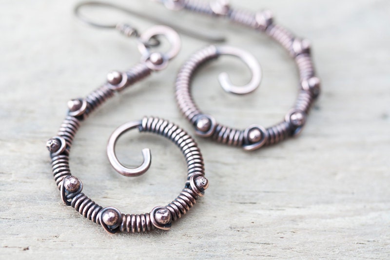 Unique Solid Copper Spiral Earrings with copper dots, neutral wire wrapped metal spiral antique copper earrings, artisan copper jewelry