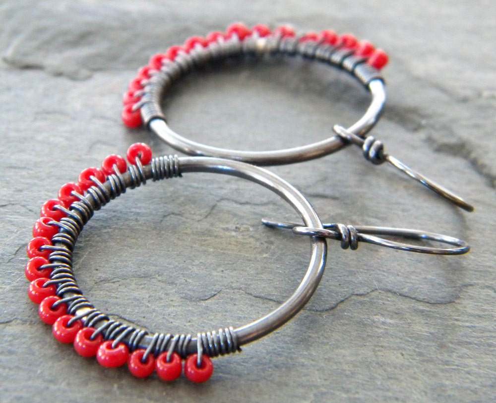 Red Copper Hoops Wire Wrapped Candy Apple Red Seed Bead Gunmetal Finish Artisan Jewelry
