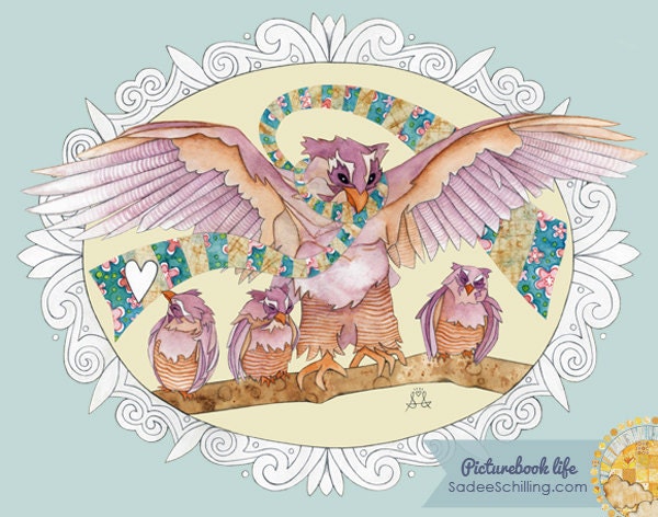 Mama Owl with Patchwork Scarf--Under Love's Wings. Sweet Collage for Baby Boy or Girl in Soft Violet and Brown.