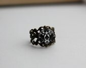 SHOP SALE- Black and White Damask Print Filigree Statement Ring. Adjustable.