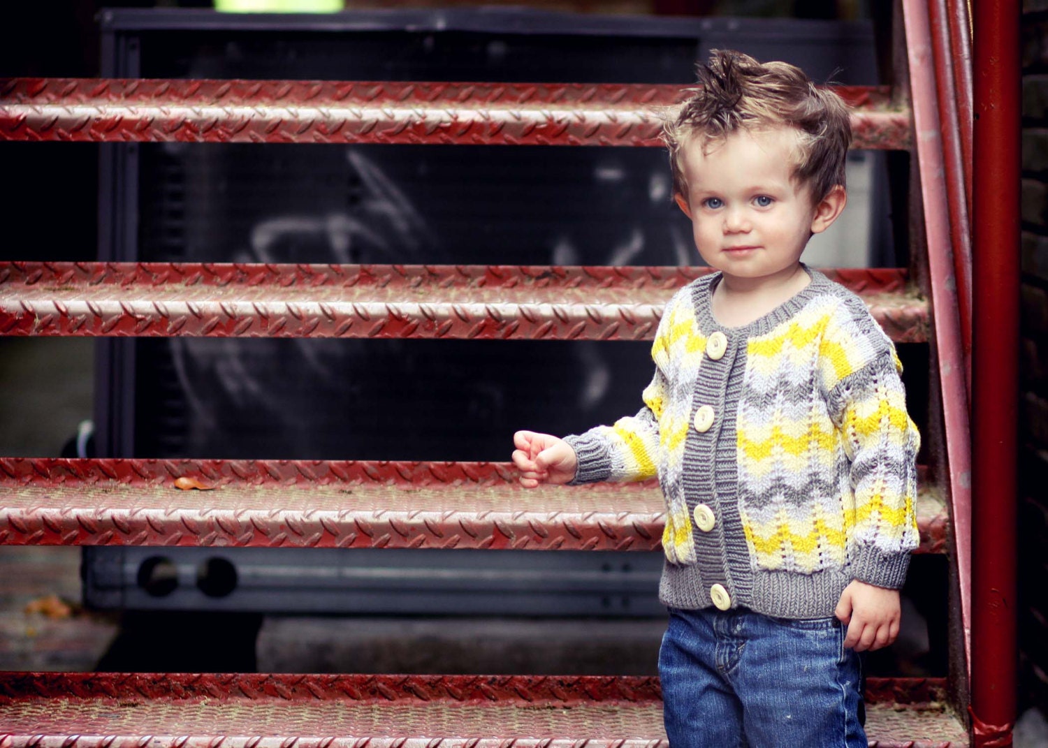 Children's Clothing -- Baby Sweater -- INGOMAR STREET -- Yellow and Gray Baby Cardigan, Unisex, Chevron