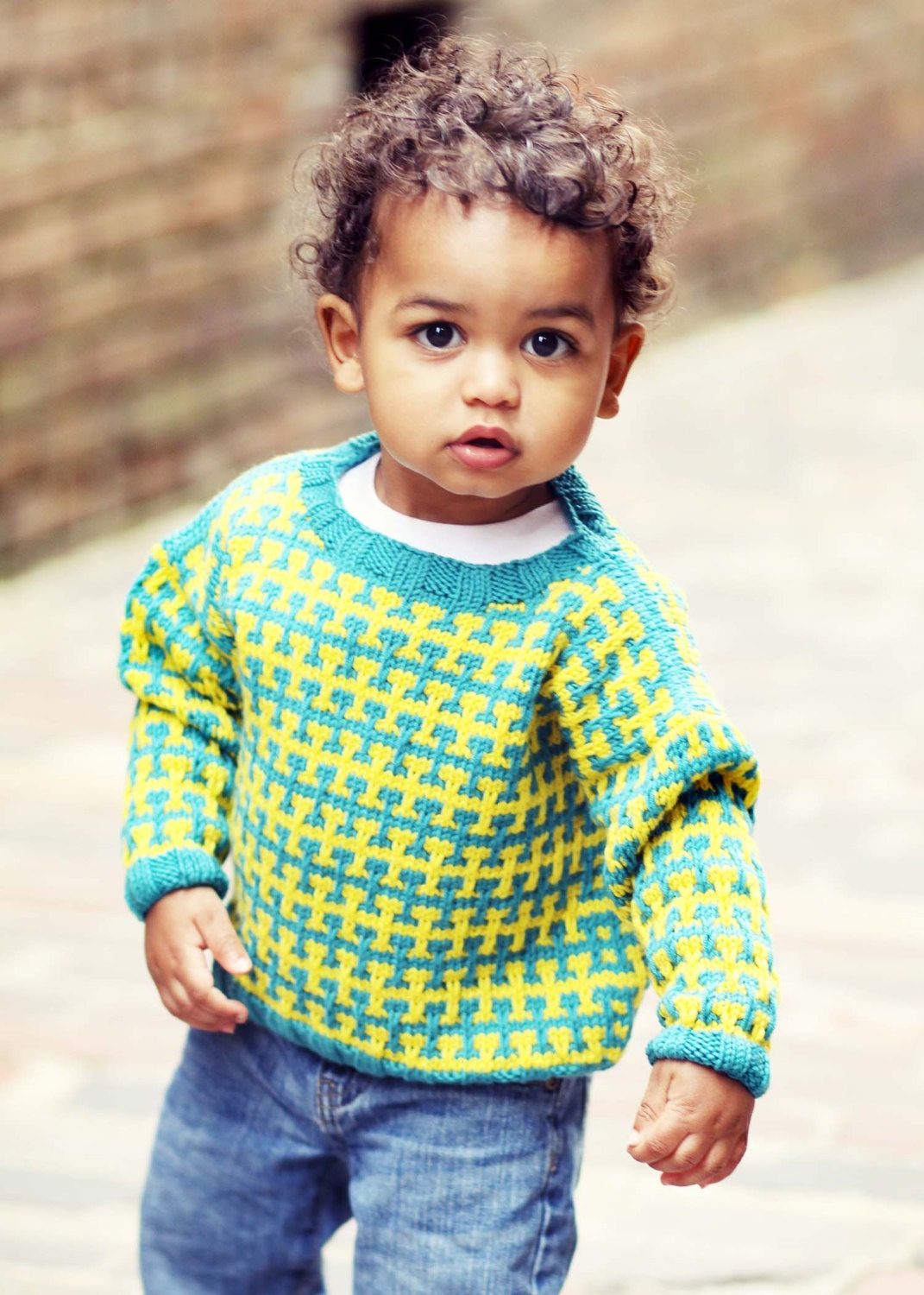 Baby Sweater, Handknit, Unisex -- RENO ROAD --Teal and Yellow -- Children's Clothing