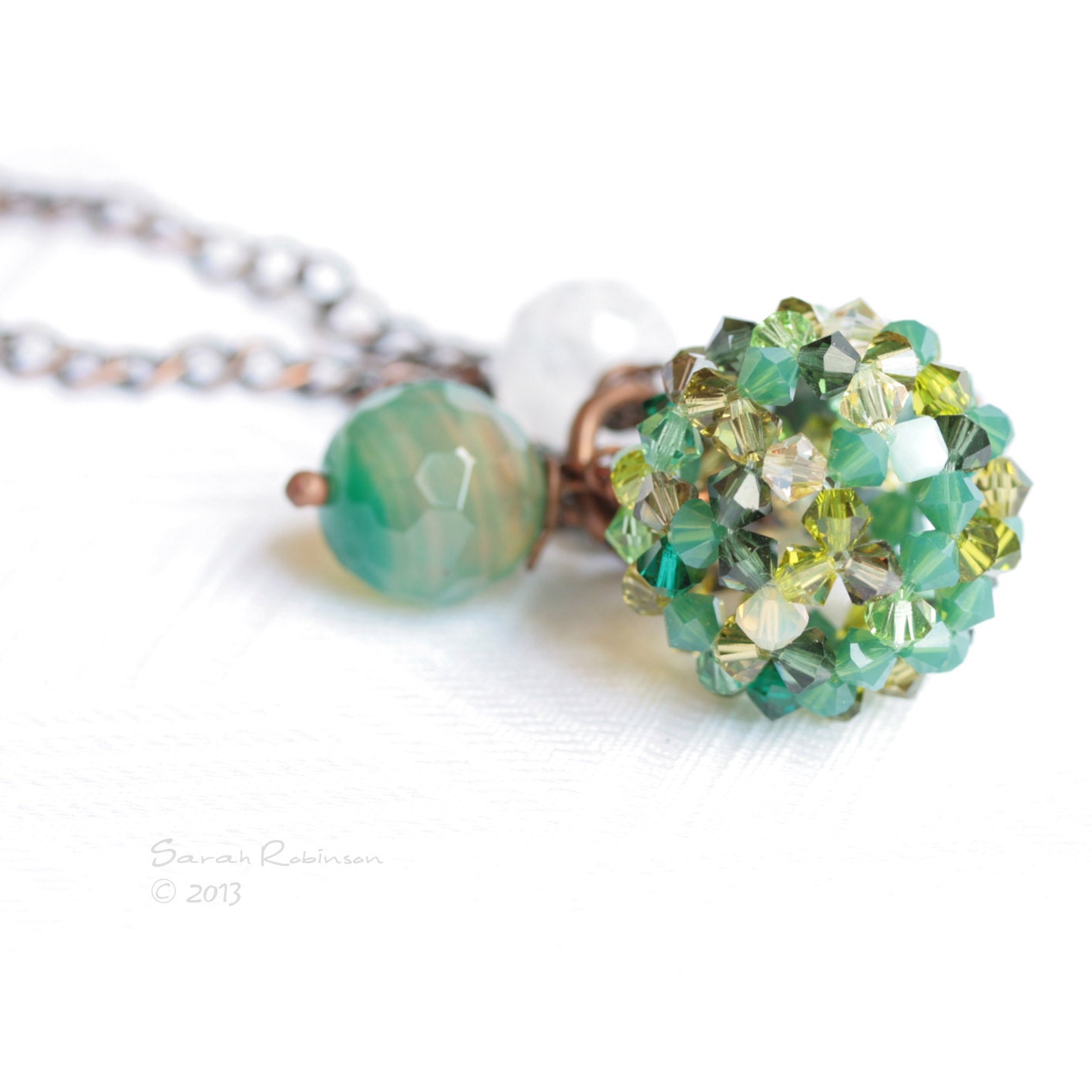 Spring Green Pendant Big Beaded Bead Swarovski with Natural Stone