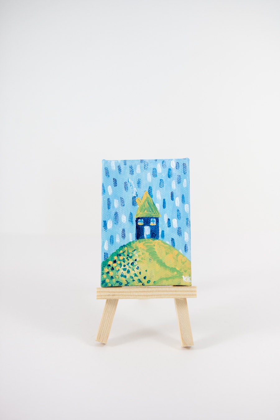 Fairytale Folk House, Miniature Painting, Whimsical Small Art, Children's Art, Yellow and Blue - Original Mini Painting by Kimberly Kling