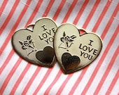 2 Vintage Brass Valentine Heart Pendants // I Love You // Cupid Draw Back Your Bow