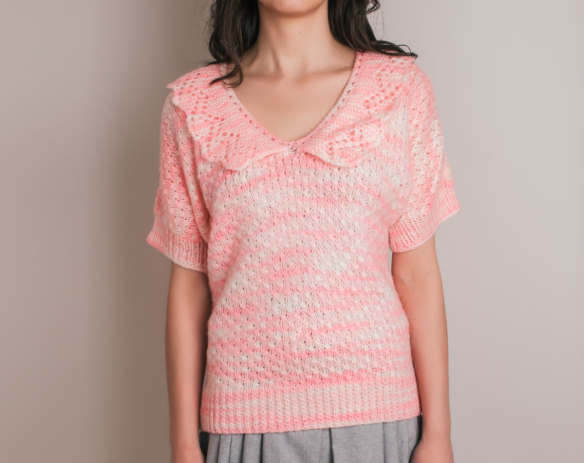 Vintage Lacy Knit Collared Sweater - Pink Hand Knitted Jumper - M