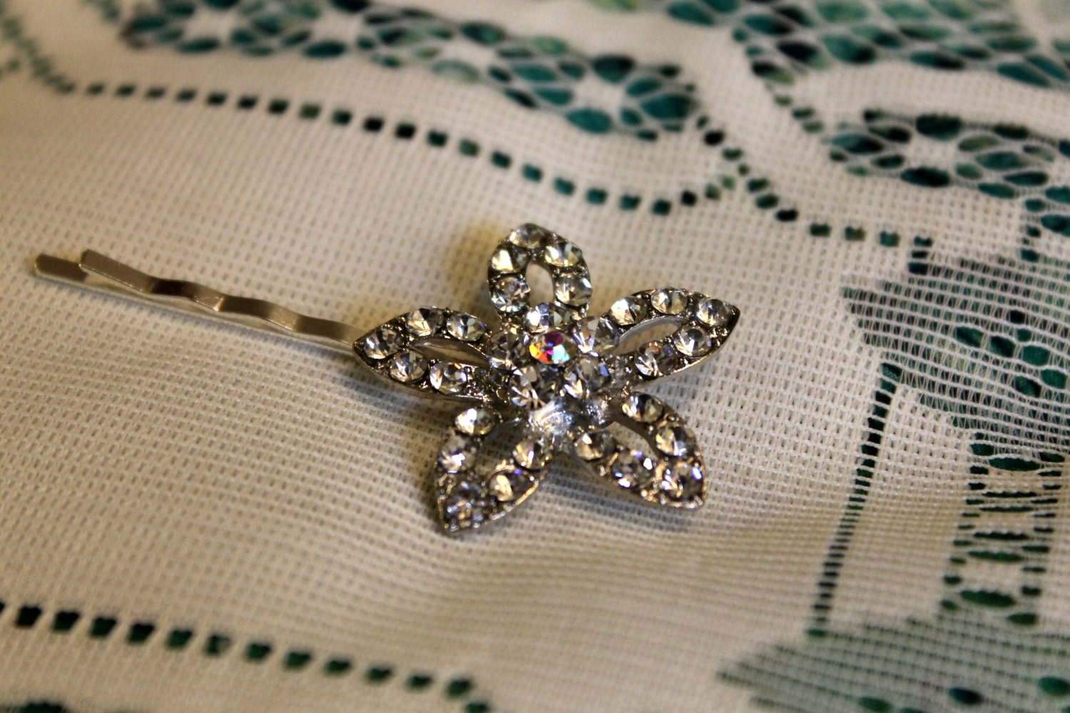 ON SALE Large Crystal Flower on silver metal Bobby Pin, Bridal Accessory, Red Carpet