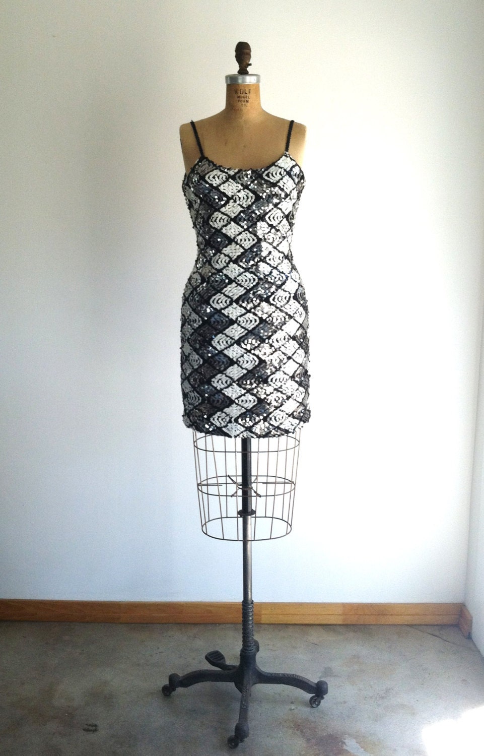 80s Sequin Cocktail Dress Silver Black Vintage Bodycon Mini Dress Diamond Geo Pattern Open Back S