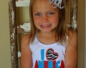 I Love America 4th of July Zebra Heart Applique White Shirt or Onesie and Matching Hair Bow with Ostrich Puff Center Set for Girls
