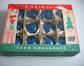 One dozen Vintage 1950's Christmas tree Glass ornaments in box. Poland. 2.5 inch. Blue.