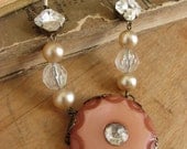 Shabby Chic Rhinestone Button Necklace -vintage inspired, repuposed button and pearls, bridal necklace. statement