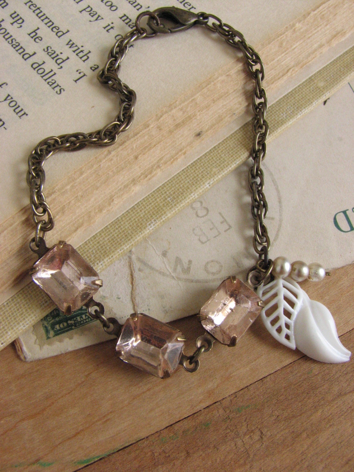 Delicate Shabby Chic Jewel Bracelet -rosaline pink, layering bracelet, white, repurposed vintage
