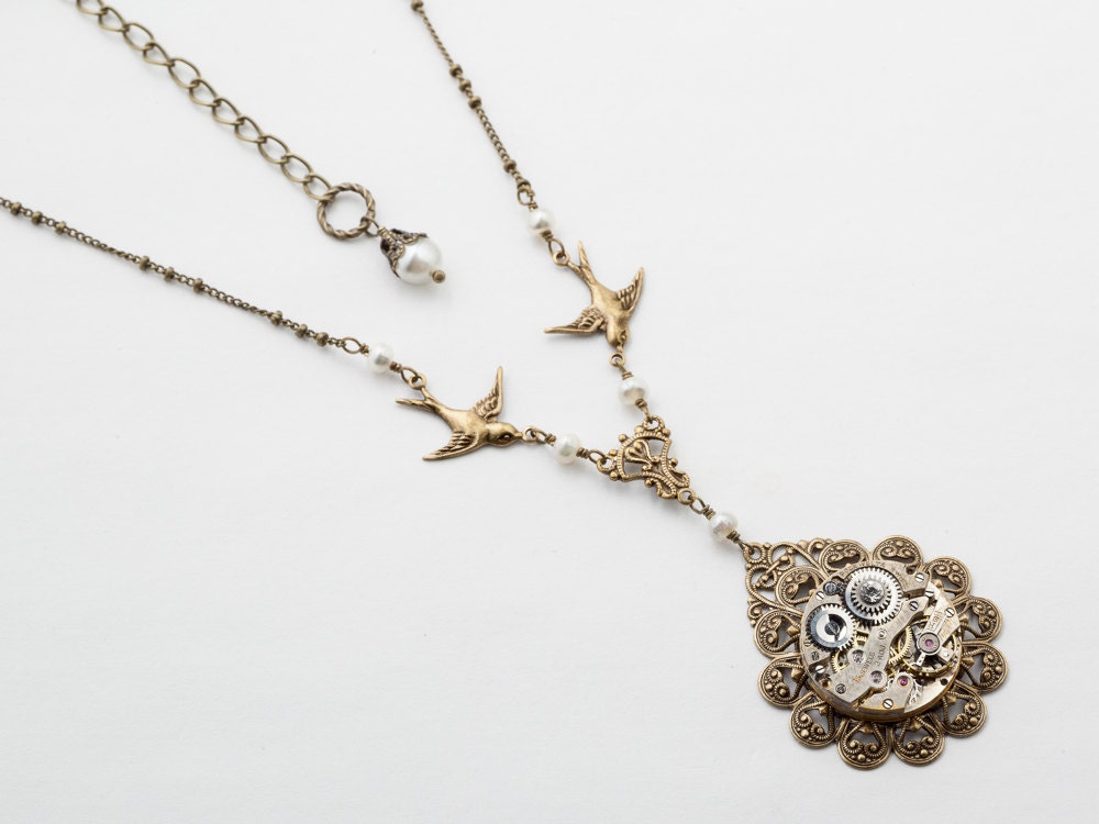 Steampunk Necklace vintage silver watch movement gears gold birds filigree flower leaf pearl crystal Neo Victorian Steampunk jewelry 2075