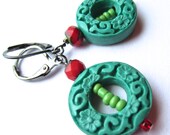 blue cinnabar earrings, carved earrings,  oriental design, simple casual earrings
