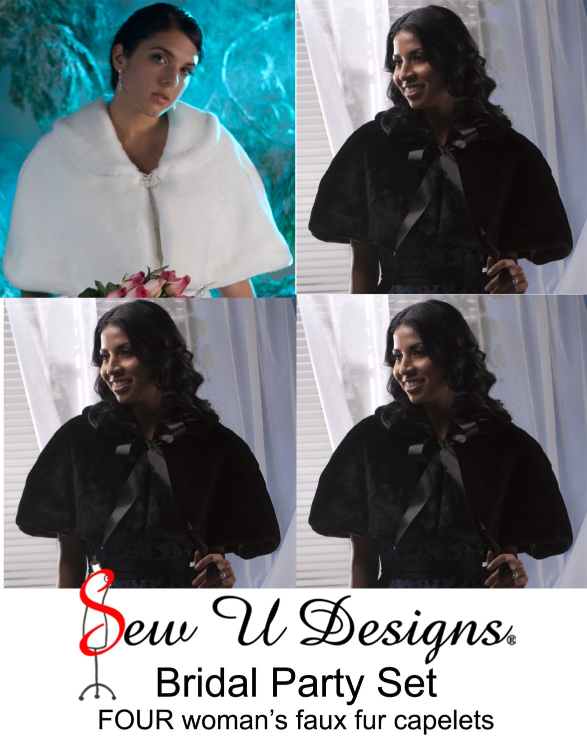 Bridal Party set of FOUR woman's Faux fur capelets winter wedding capes Available in white or black beaver  faux fur