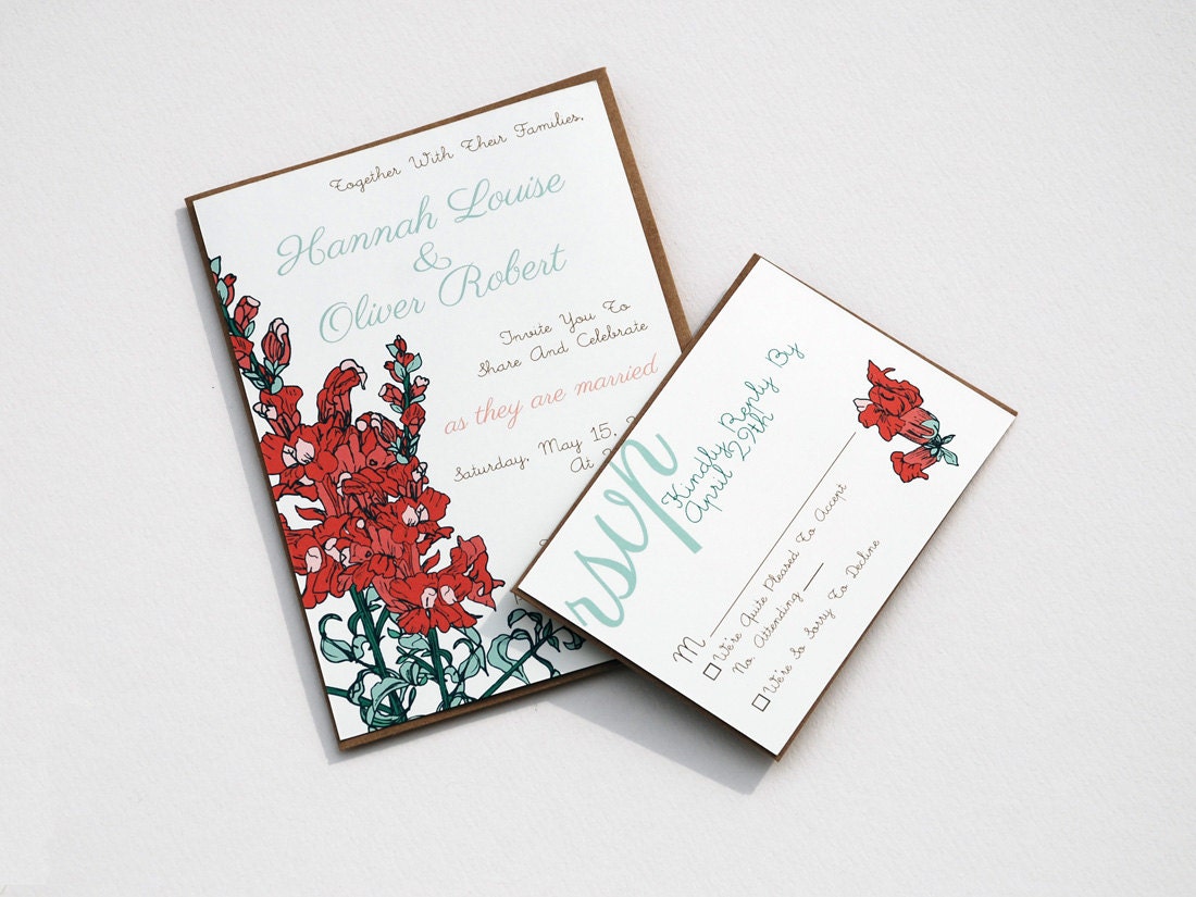 The Mira Collection - Vintage Inspired Snapdragon Wedding Invitation Set in Mint, Coral, and Brown with Kraft or Cream Envelopes - SAMPLE