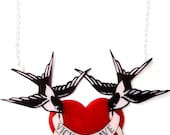 Heart and Swallows Necklace - Valentine's - Personalised Name Banner Heart - Red Heart, Black and White Swallows - Tattoo Inspired Neckpiece