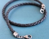 Round Braided Leather Necklace Oxidized Sterling Silver Clasp