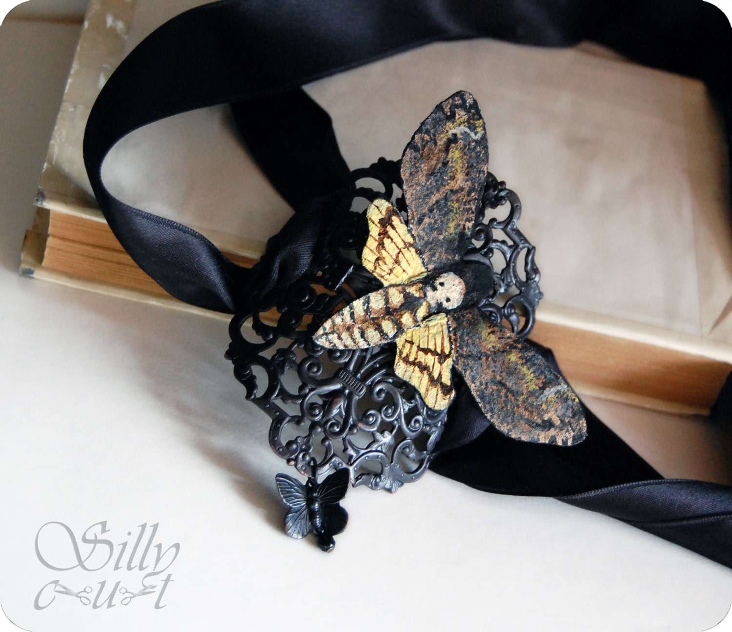 bracelet - Deathhead moth - ooak, science, entomology, gothic,  victorian, neovictorian, mourning, bohemian, dark romance