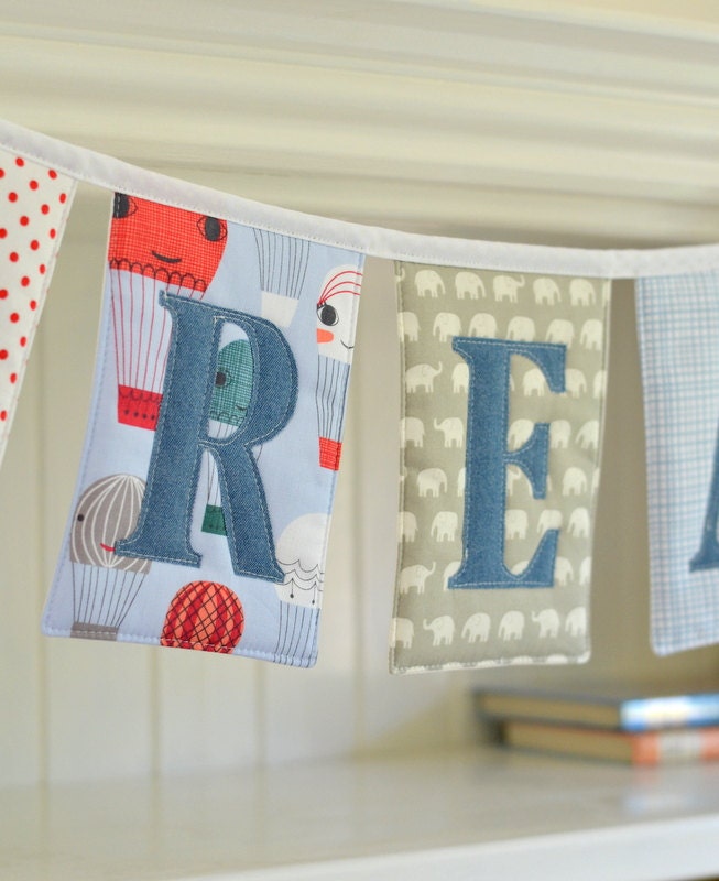 Sale Reduced - READY TO SHIP - 'Dream' Padded Bunting - Pale Blue, Grey, Tomato Red and 'Dirty' Pure Linen with Star Motifs