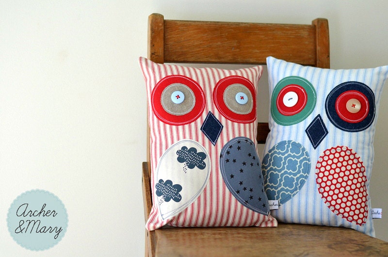 Owl Cushion Pillow - Red, Grey, Linen, Indigo Denim, Clouds, Stars and Pale Blue Button Eyes READY TO SHIP