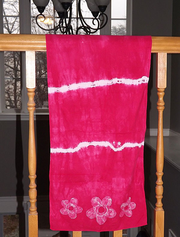 Fuchsia Pink Ladies Tie Dye Scarf with Batik Flowers