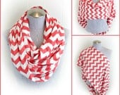 Chevron Infinity Nursing Scarf, Coral and White Chevron Breastfeeding Jersey Loop Scarf