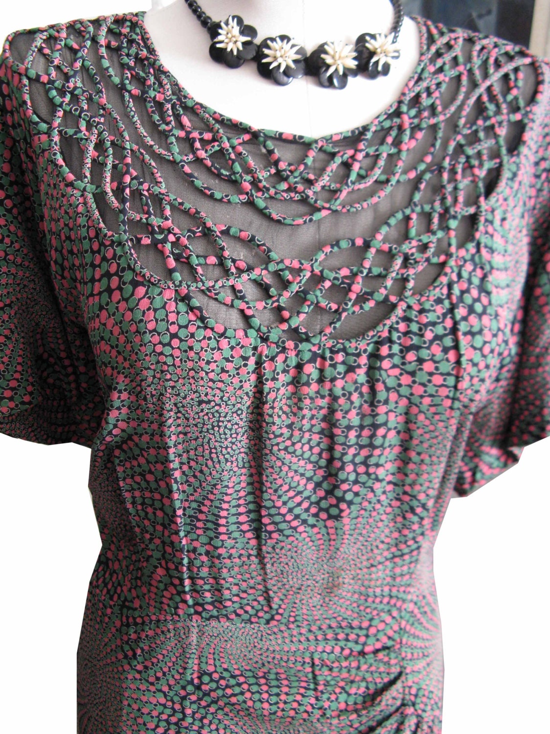 L - XL 40's Art Deco Novelty Print Dot illusion Bodice Rayon Dress 46 - 36 - 46 Pink Green Black