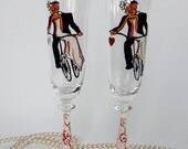 Hand painted Wedding Toasting Flutes Set of 2 Personalized Champagne glasses Married on bicycle