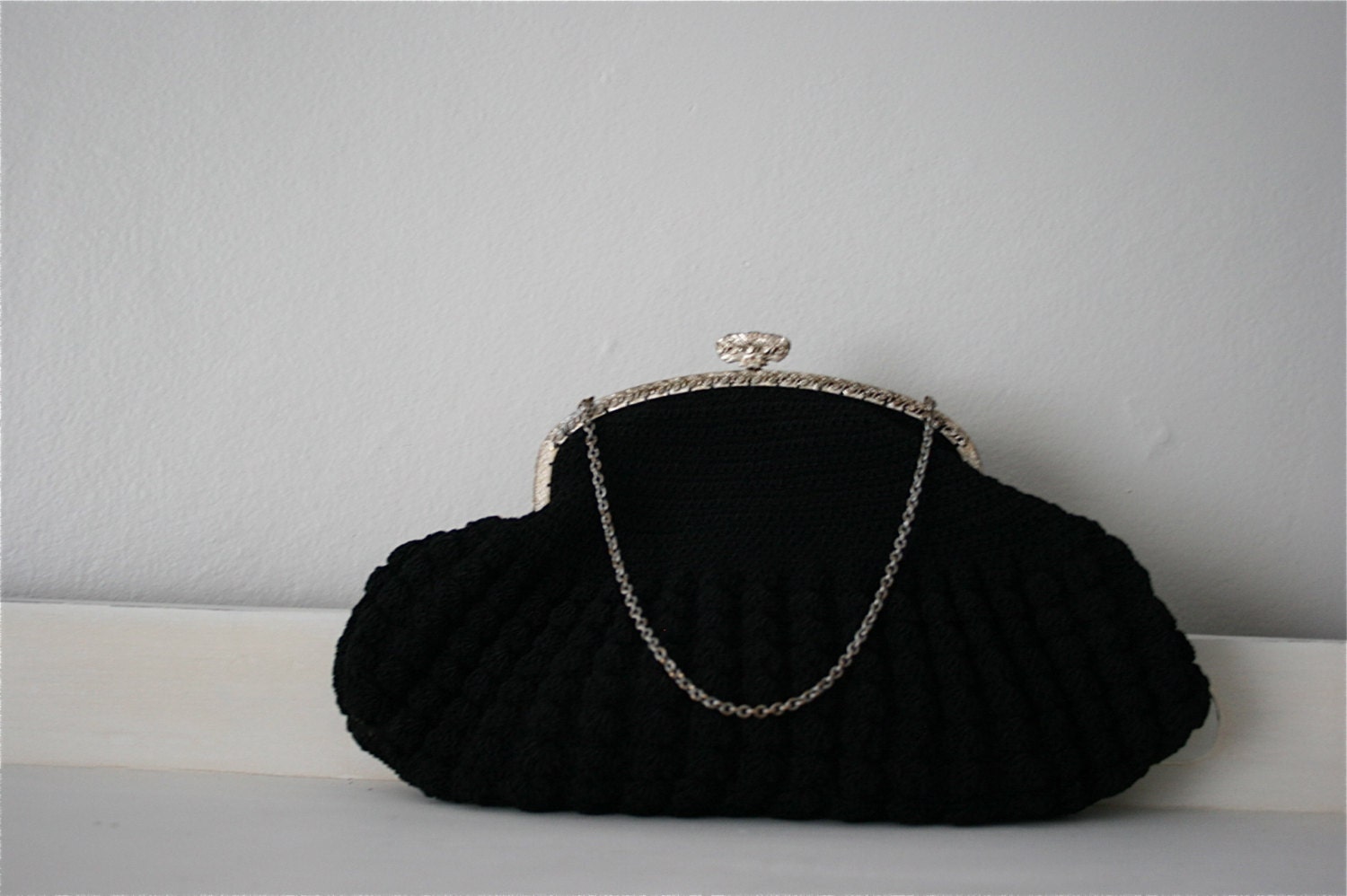 Vintage 1930s Silver Frame Black Crocheted Corde Purse