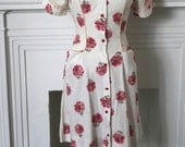 Vintage 1940s Pink Zinnia Print White Cotton Day /House Dress / AS IS