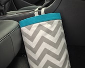 Car Trash Bag CHEVRON GRAY with TURQUOISE Band,  Women, Men, Car Litter Bag, Auto Accessories, Auto Bag, Car Organizer