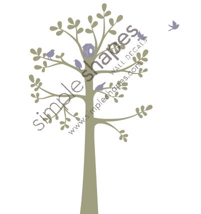Shelving Tree Wall Decal - STANDARD SIZE - Special Buy - Olive Tree with Meadow Lavender Birds/Birdhouse