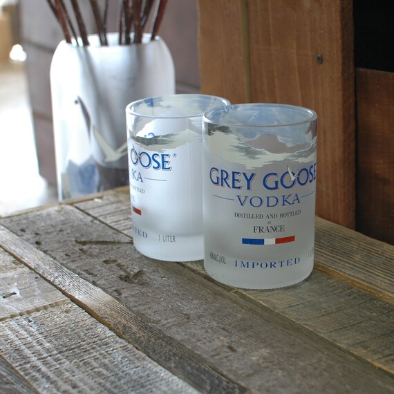 Two Grey Goose Vodka Low Ball Tumblers // 1L Glass Bottles