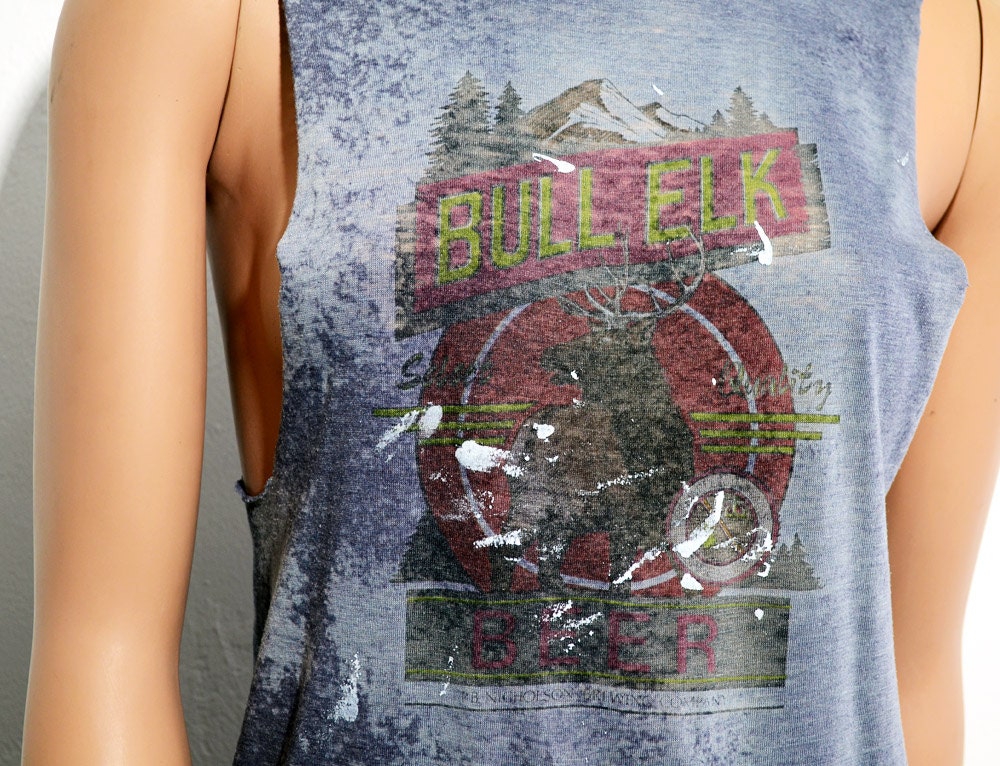 Vintage Sidecut Bull Elk Beer T Shirt Sleeveless bathing suit cover Women's Small