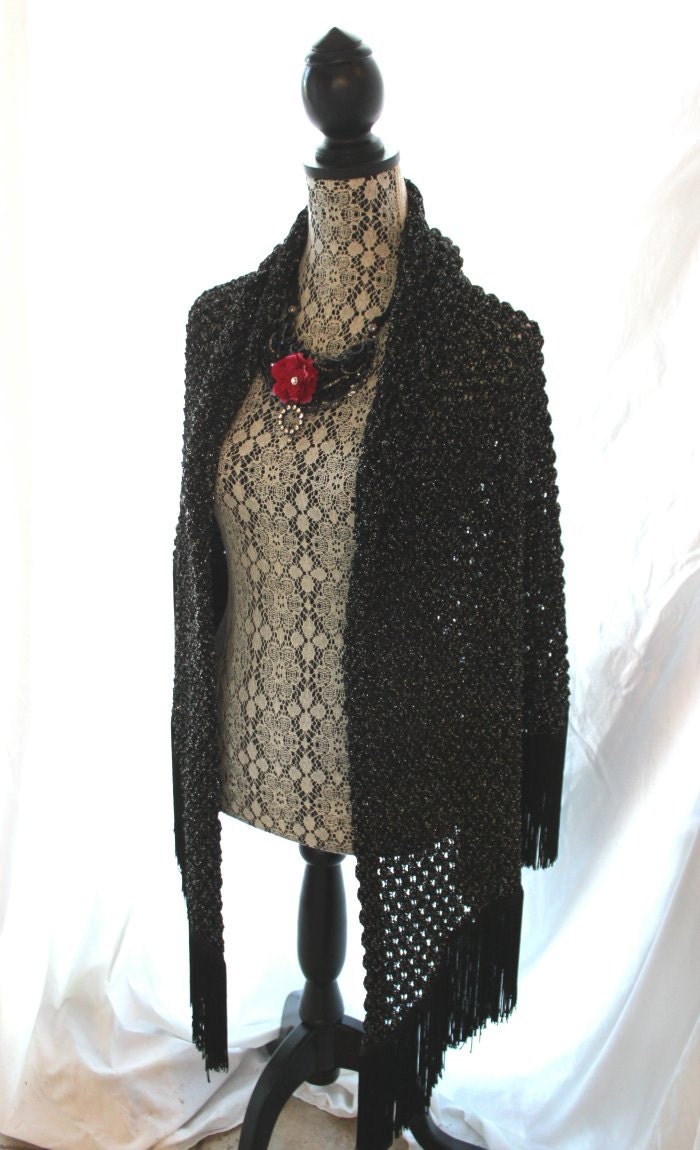 Vintage fringed shawl, boho wrap, romantic shabby country clothing, charcoal, metallic silver, vintage women's clothing