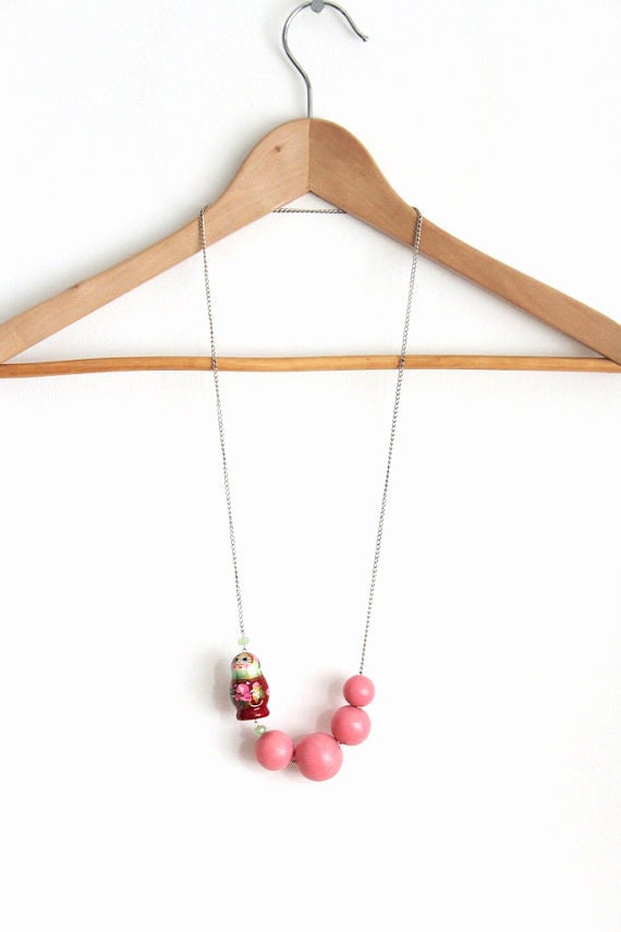 Pink Wooden Babushka Long Necklace