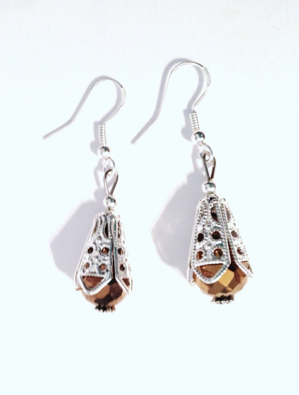 Victorian Filigree Earrings Dangle Pierced Sterling Silver Copper Gold Faceted Crystal Beads - Gift Idea Downton Abbey Edwardian Jewelry