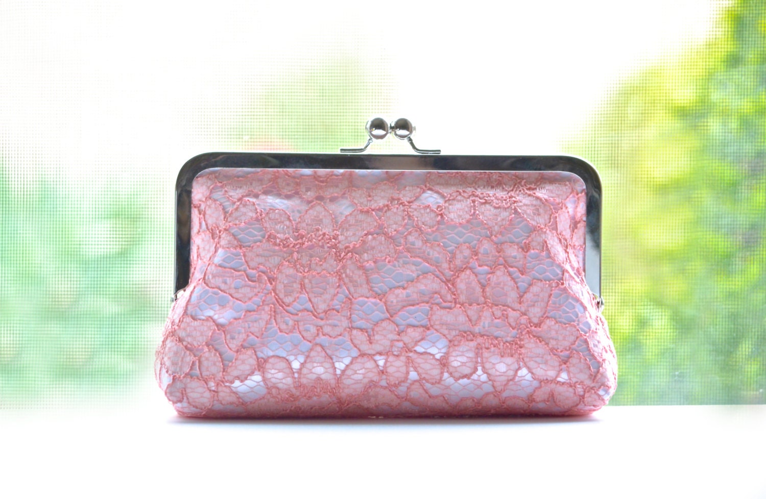 Silk Lace - Pink on White - Bridal Bridesmaid Wedding Clutch Set Bag Purse Gift Ideas Handmade by Lolis Creations