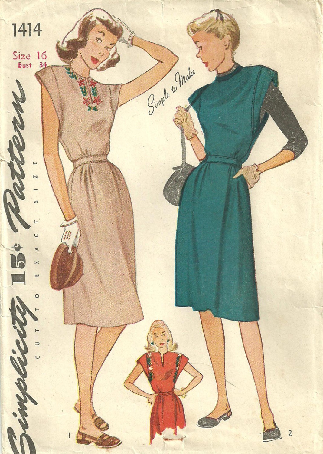 Simplicity 1414 Vintage 40s Sewing Pattern Dress Size 16