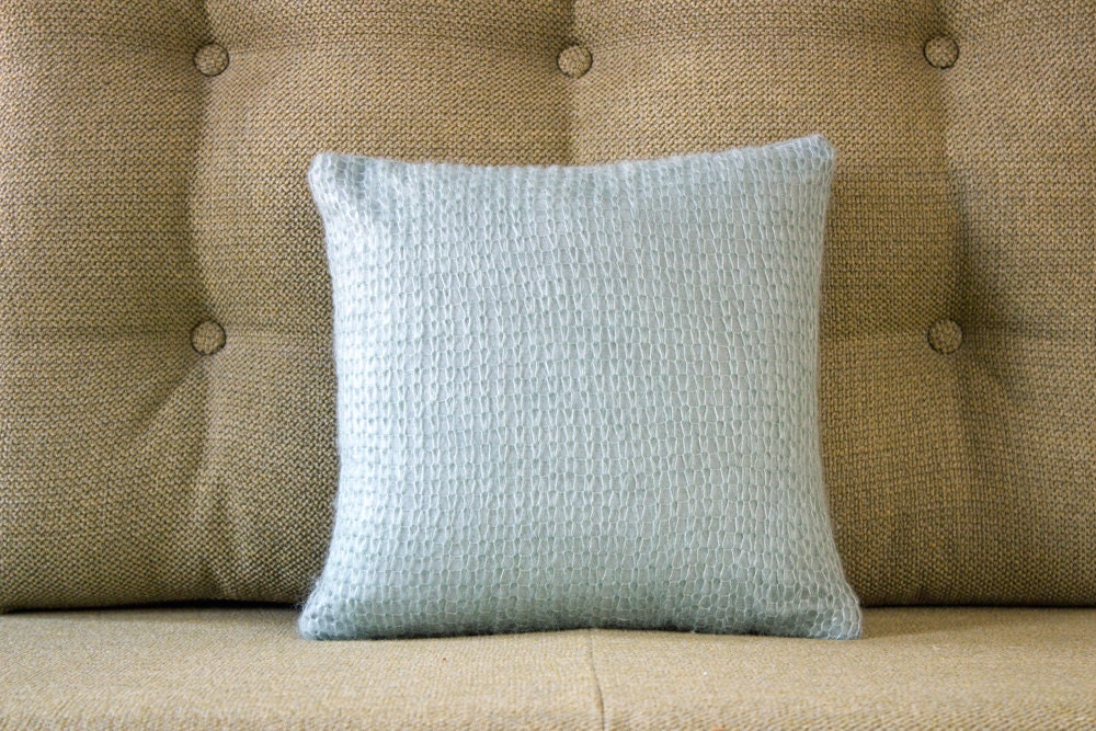 Modern Throw Pillow in Jade Mohair and Velvet with Microfiber Inner Sleeve